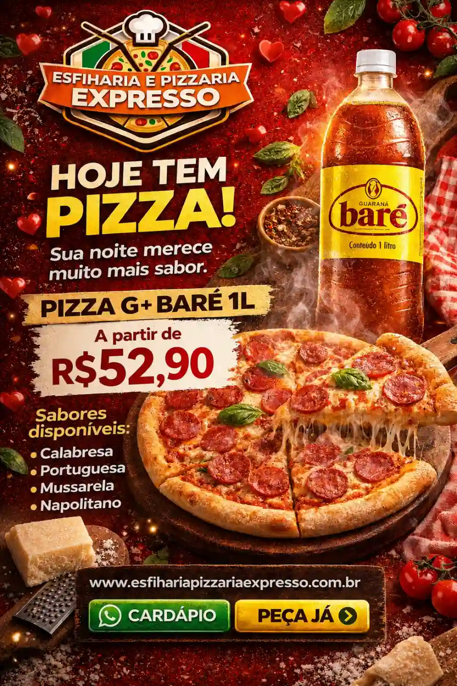 Promoção Especial! Peça Pizza tamanho G e leve + 1 Baré de 1 litro para acompanhar! Sabor, qualidade e aquele refrigerante amazônico que todo mundo ama. Aproveite enquanto dura!